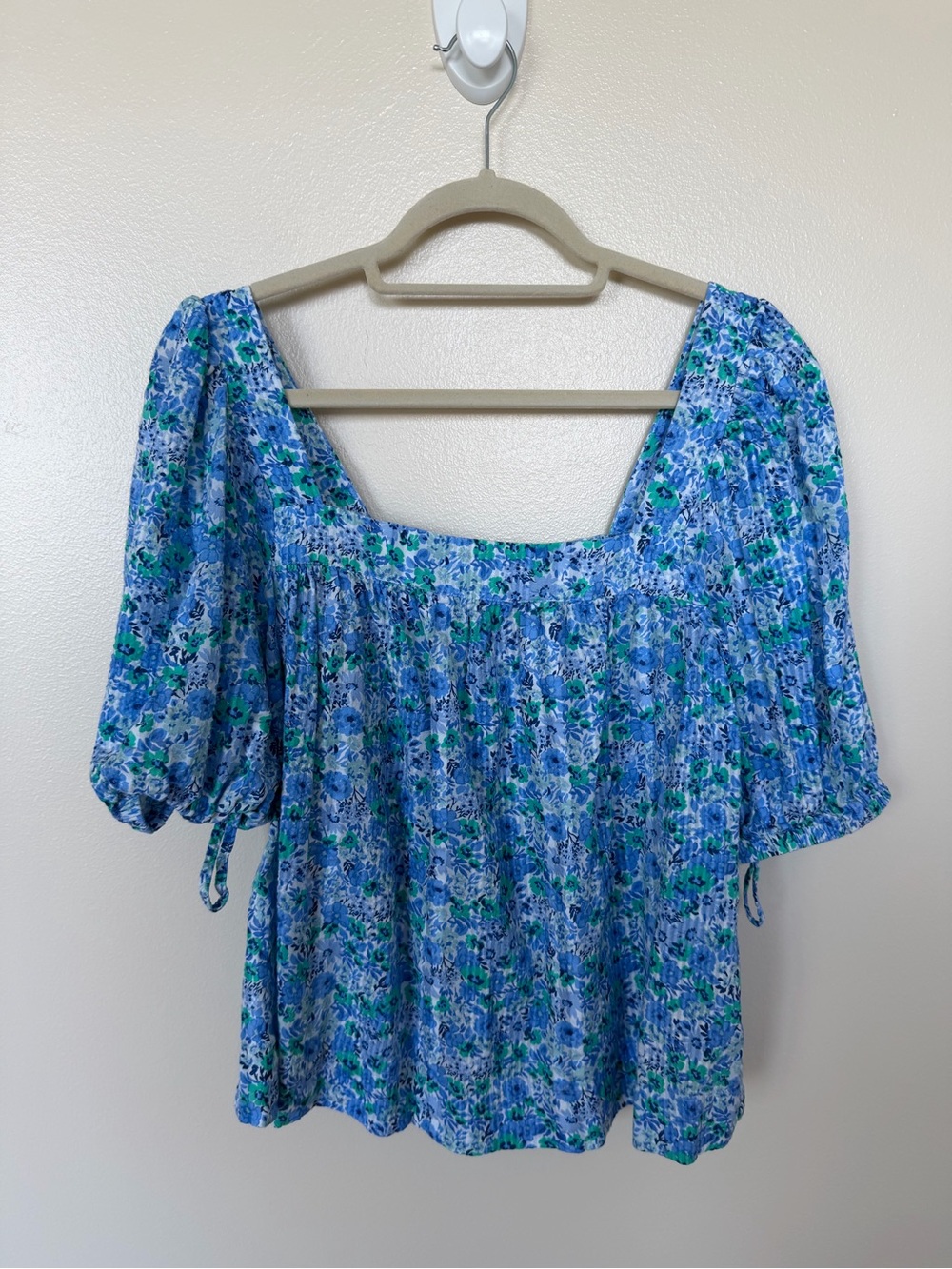 VINEYARD VINES Blue & Green Floral Printed Square Neck Blouse